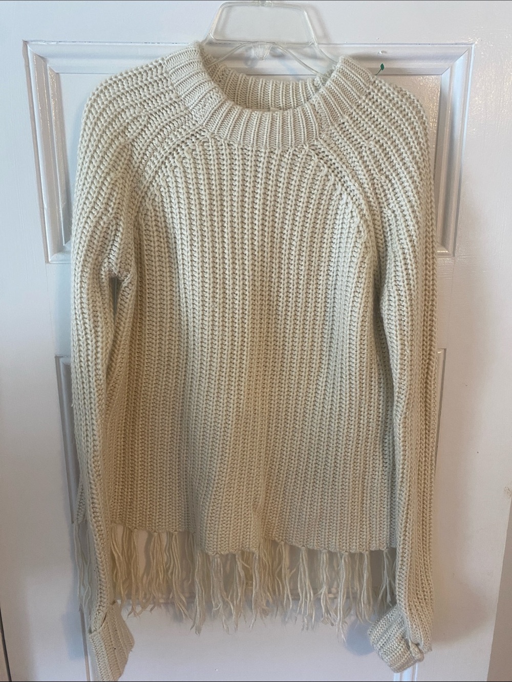 lovestitch Cream Ribbed Fringe Hem Crew Sweater